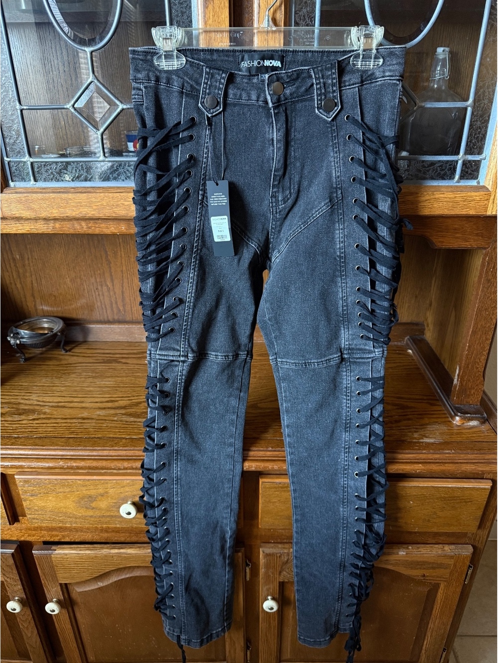 Fashion Nova After Hours Lace Up Flare Jeans Sz L Black Grommet Corset NWT